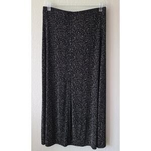 VTG Whimsigoth Maxi Skirt L Black Ditsy Floral Slinky Button Front Dark Romantic